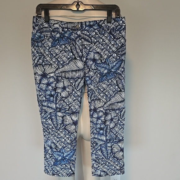Chico's Pants - Chico's So Slimming navy blue/white polynesian print cropped pants-0